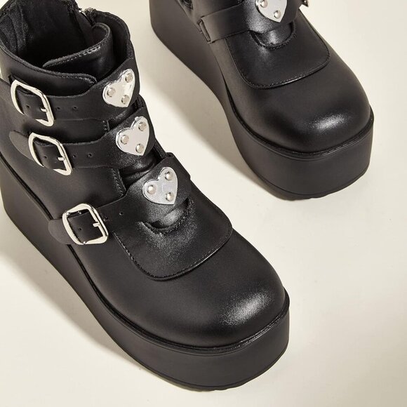 🆕 Platform Chunky Ankle Boots - Women Black Polyurethane Rave Goth Booties - Picture 10 of 10